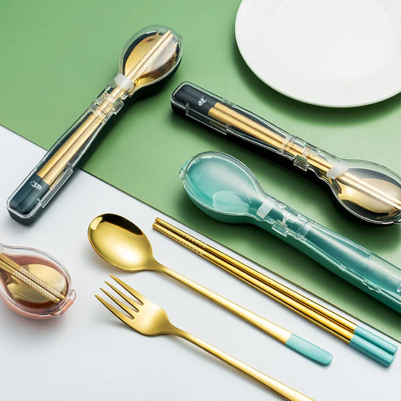 

3pcs Korean Tableware Portable Stainless Steel Cutlery Set With Storage Box Fork Spoon Chopsticks Set For Home Office Camping