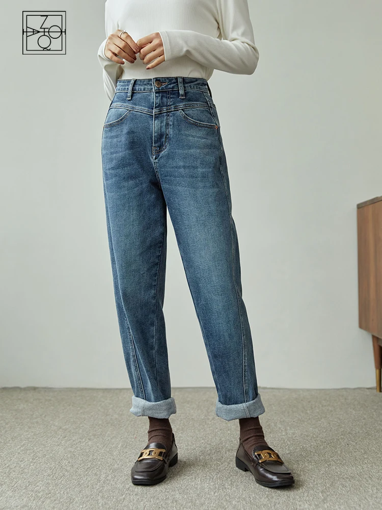 

Джинсы ZIQIAO женские в японском стиле, джинсовые синие бархатные джинсы с завышенной талией, Прямые хлопковые повседневные брюки в ретро стил...