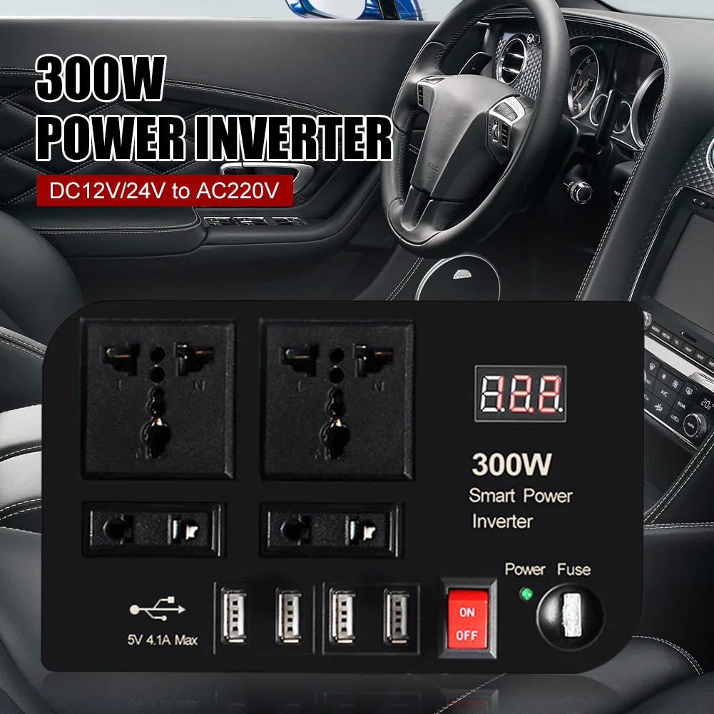 

New 300W Power Inverter DC 12V to AC 220V Car Charger Converter 4 Outlets with 4.1A 4 USB Ports Fast Charging Sine Wave Inverter