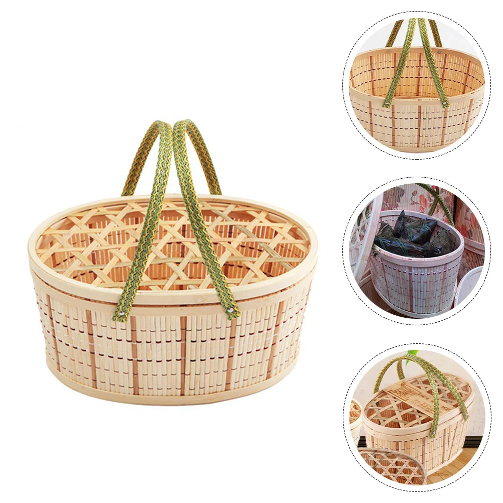 

Woven Bamboo Basket Container with Lid and Handle for Fruits Food