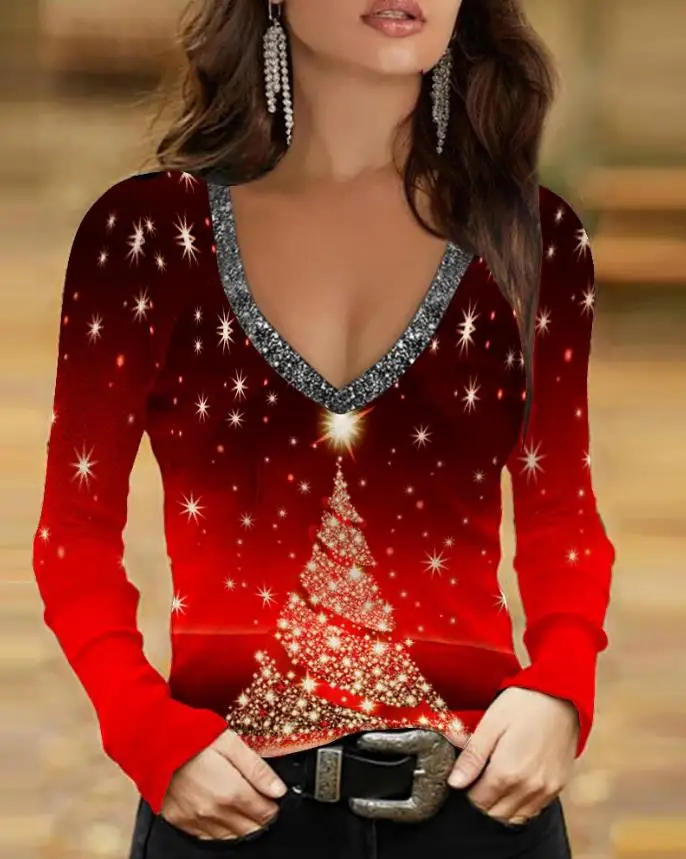

Tops Women 2022 Trendy Fashion Christmas Tree Star Print V-Neck Top Casual Long Sleeve Tee Pullover 2022 Autumn