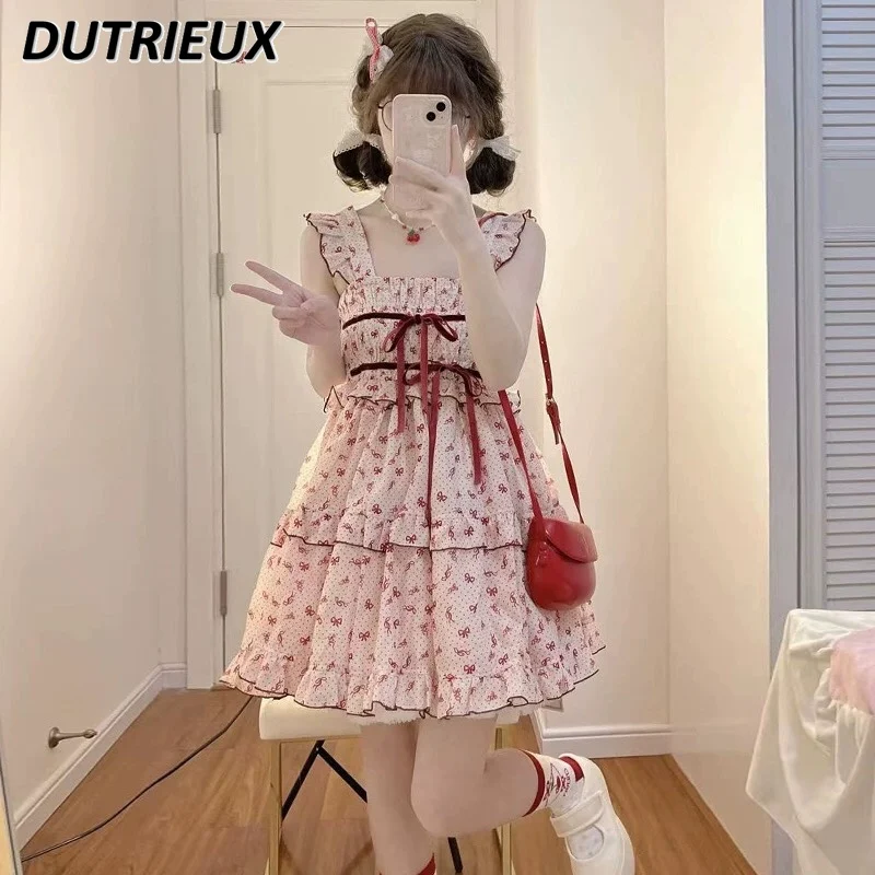 

Women's Dresses Summer 2023 New Sweet Cute Strawberry Cute Sweet Fashion Short Dress Girl Cute Bow Print Chiffon Suspender Dress