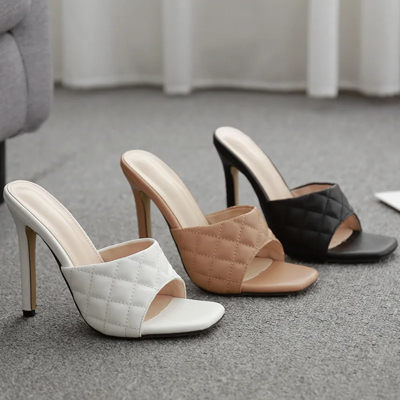 

Shoes Square Toe Slippers Heels Slides Big Size High Thin PU Rome Basic Fabric Pumps Scandals Rubber Super Shoes Woman 2022 Squa