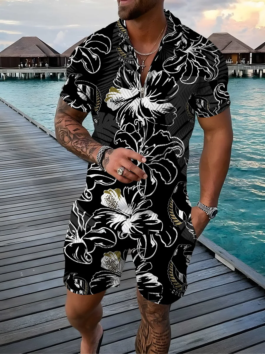 

Flower Polo Sets for Men Hawaiian Style Beach Shirt Men's Tracksuit Fashion Zipper Poloshirt Print 2 Piece Set Summer Shorts