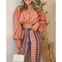 divasily 2022 new fashion sexy off shoulder ruched crop top tribal print pants set for women long pants casual suit femme