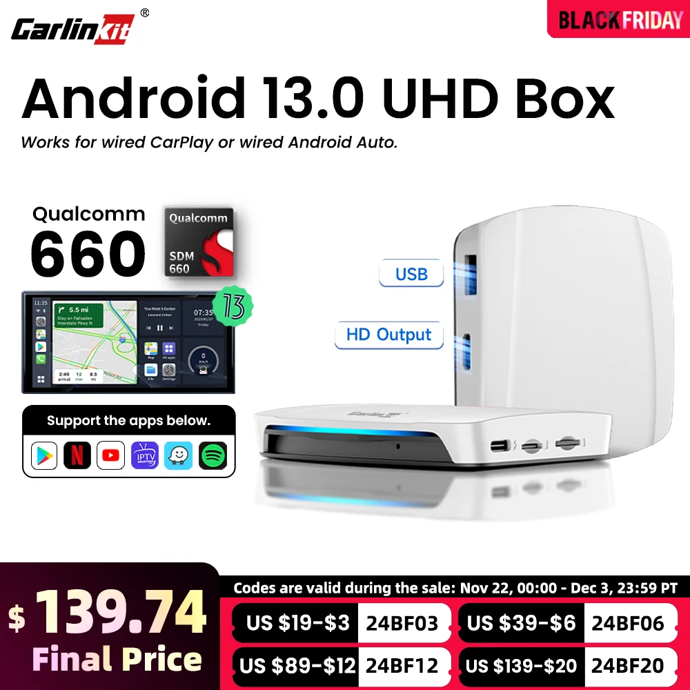 Carlinkit Android 13 Ai Box SDM660 UHD CarPlay Auto Беспроводной выход HDMI Поддержка Netflix YouTube IPTV HBO Max Disney+