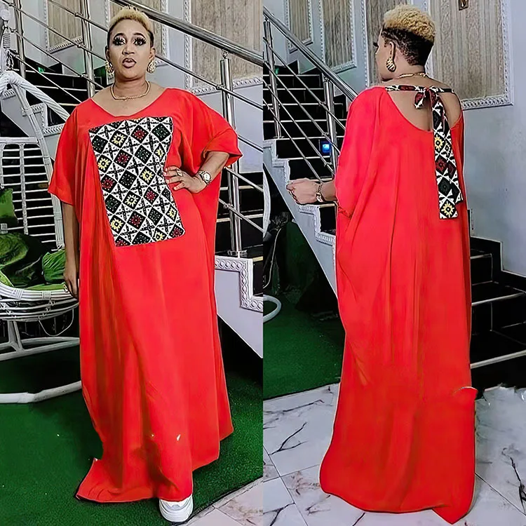 

Summer Fashion Style African Women Short Sleeve O-neck Polyester Red Black Red Long Dress African Dresses for Women