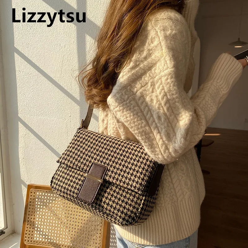 Сумка на плечо Lizzytsu женская с принтом, винтажная повседневная шерстяная сумочка из твида, чемоданчик кросс-боди в Корейском стиле для студе...