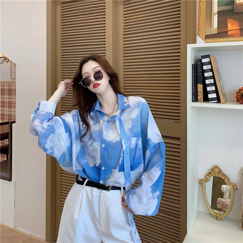 XEJ Summer Women's Shirts 2022 Korean Chiffon Spring and Autumn Loose Beach Long-sleeved Shirt Blue Sky and White Cloud Shirt