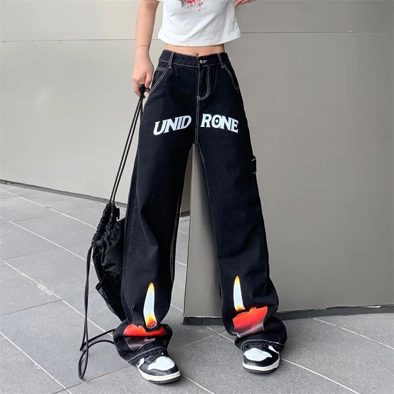 

Candlelight Flame Wide-leg Pants Ins High Street Tide Top Thread Washed Jeans Women's Design Sensation Niche Oversize Trousers