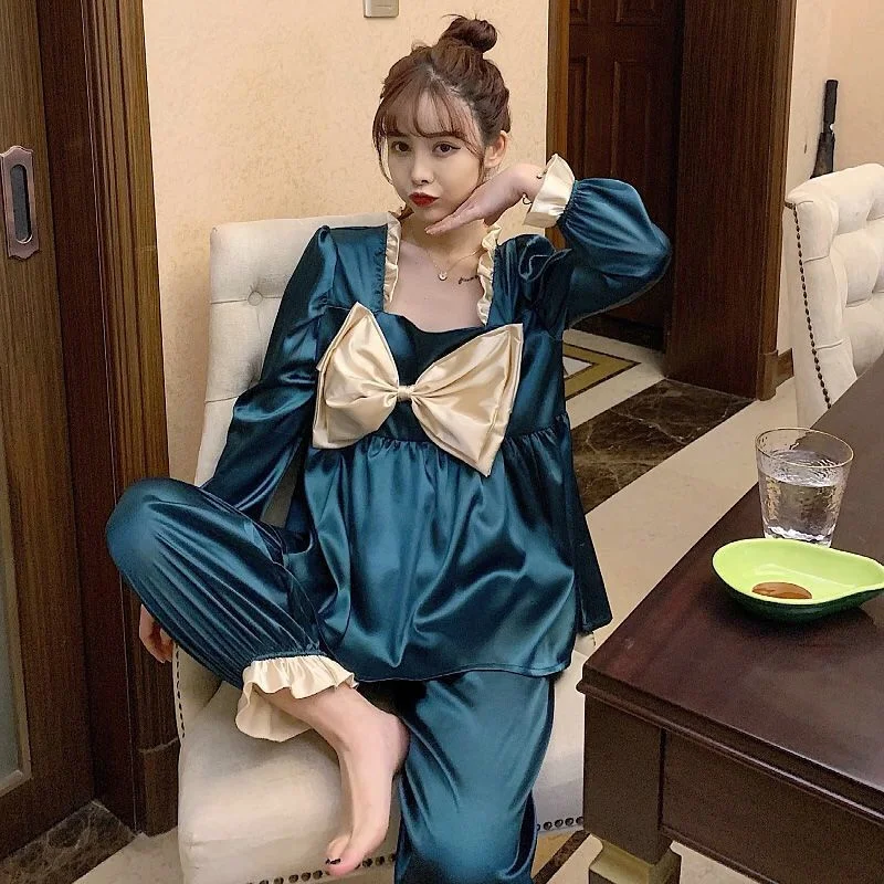 Big Bow Pajamas Set Fashion Princess Neck Sleepwear For Women Pyjama Women's Soft Sweet 2022 Fashion Homewear Clothes Plus Size
