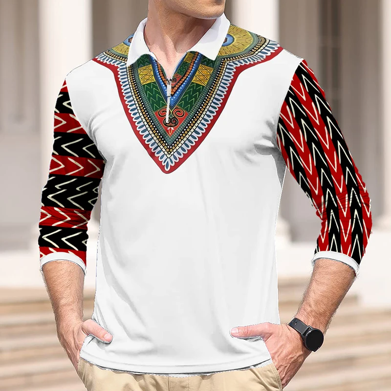 

Men's Polo Shirt Golden Chain Pattern Casual Long Sleeve Streetwear Chic Tops Turn-Down Collar Zipper Hip Hop Male Club Clothing