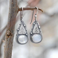 simple oval inlaid moonstone hook earrings vintage silver color metal carving triangular fish bone dangle earrings for women
