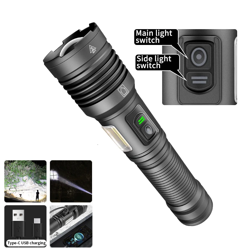 

XHP70 LED+COB Tactical Flashlight Lamp Torch Bulb HIking Camping Aluminum Alloy Lantern USB Rechargeable Battery Zoomable Light
