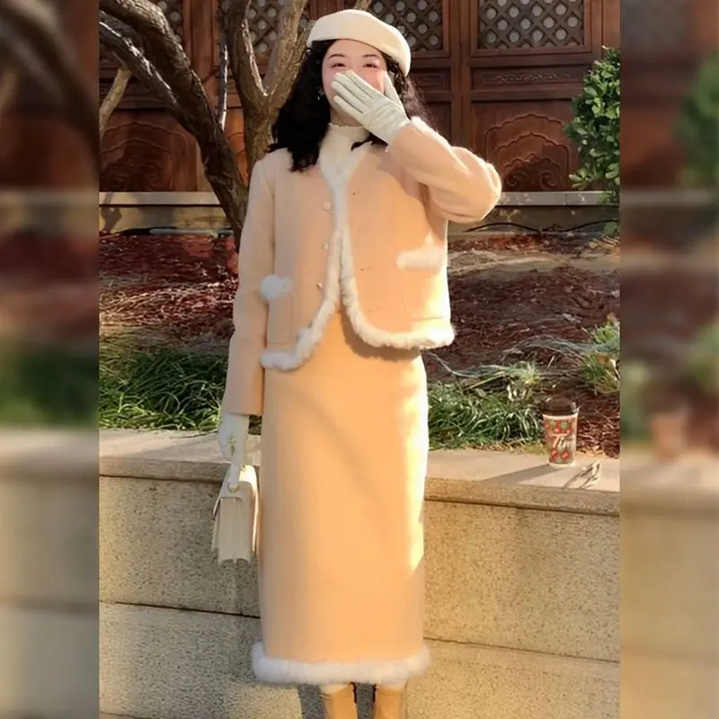 

Женский твидовый костюм UNXX из двух предметов, милая шерстяная куртка с меховыми манжетами и юбка в Корейском стиле на осень и зиму