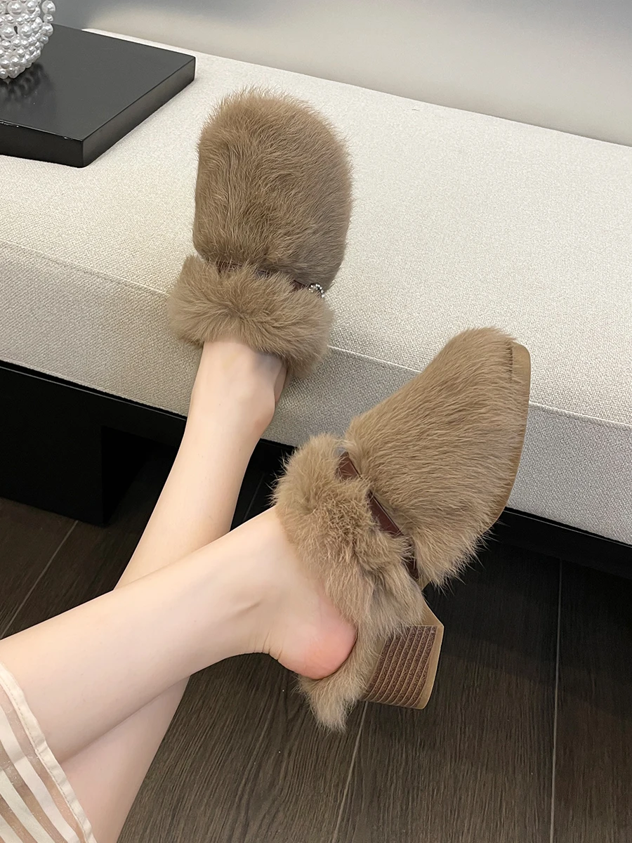 

Mules For Women 2023 Loafers Female Shoes Med Flock Slippers Plush Slides New Fur Soft Massage Hoof Heels Rome Rubber with fur