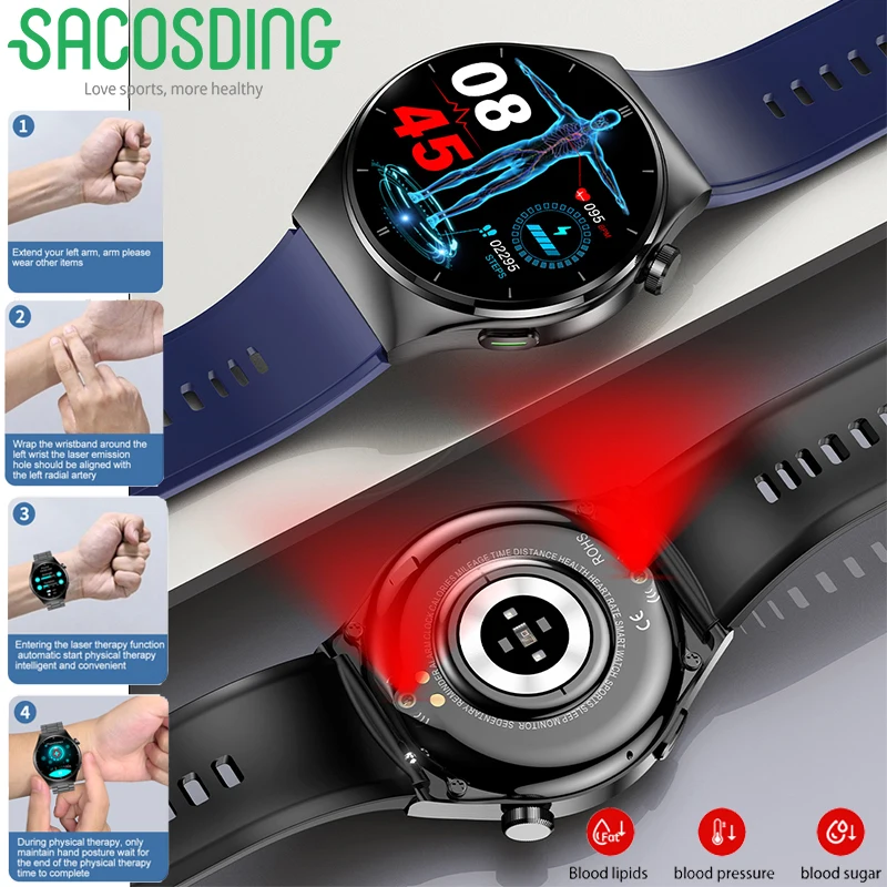 

New Laser Therapy Three High Smartwatch Men Women Call Blood Glucose Pressure Uric Acid Sport Health Smart Watch For Android ios