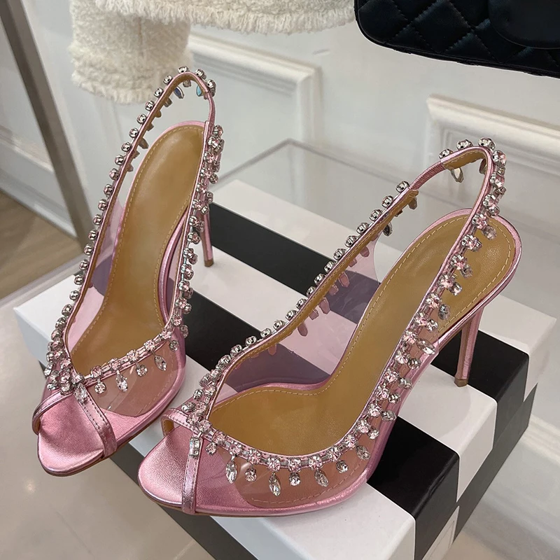 

Fashion Pink High Heels Shoes Women Brand Designer Crystal Slip On Female Wedding Party Dress High Quality Shoes