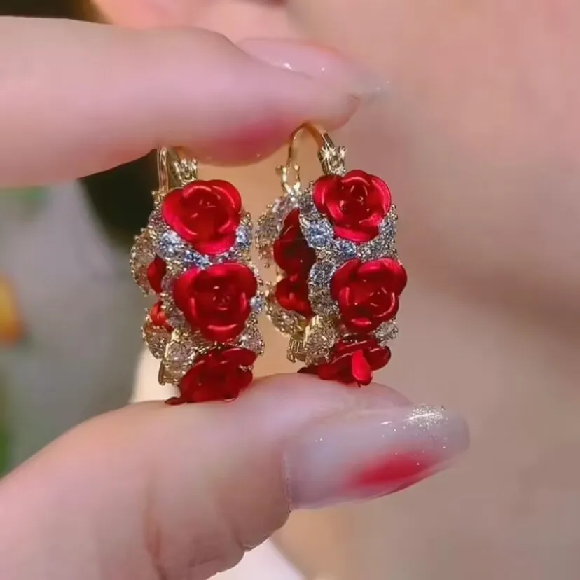 

Fashion Trend Unique Design Elegant Delicate Zircon Rose Flower Circle Earrings For Women Jewelry Wedding Party Premium Gifts