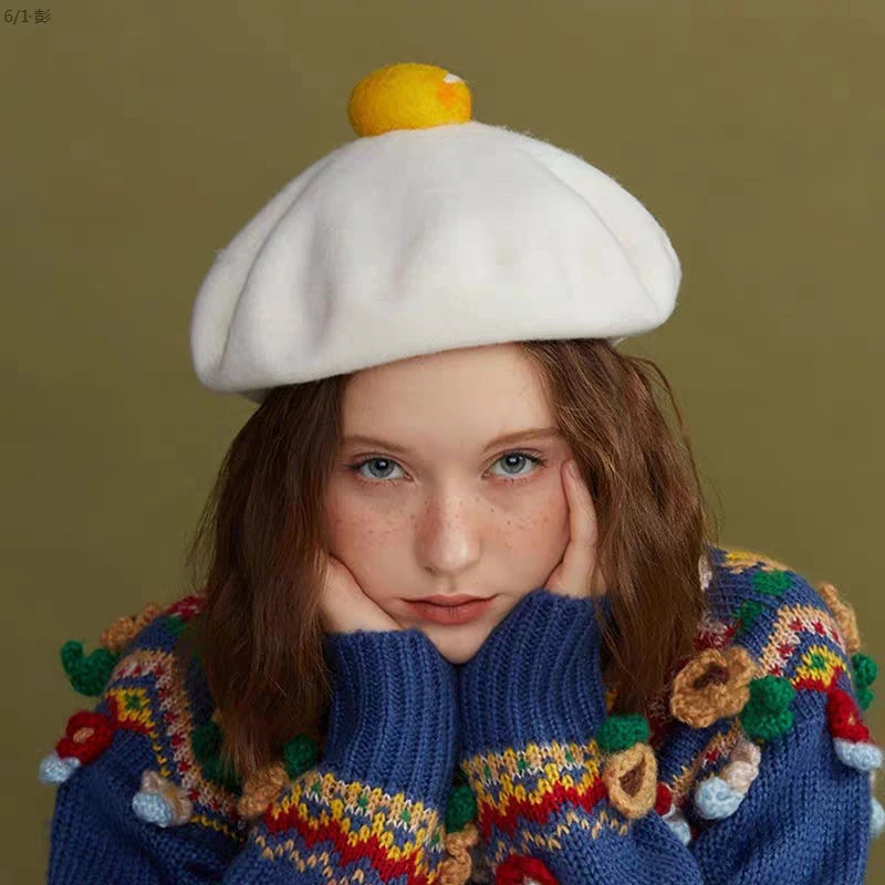

Handmade Woollen Cloth Poached Egg Beret Korean Version Hat Autumn And Winter All a Bud Cap Parent-child Casual Painter Hat