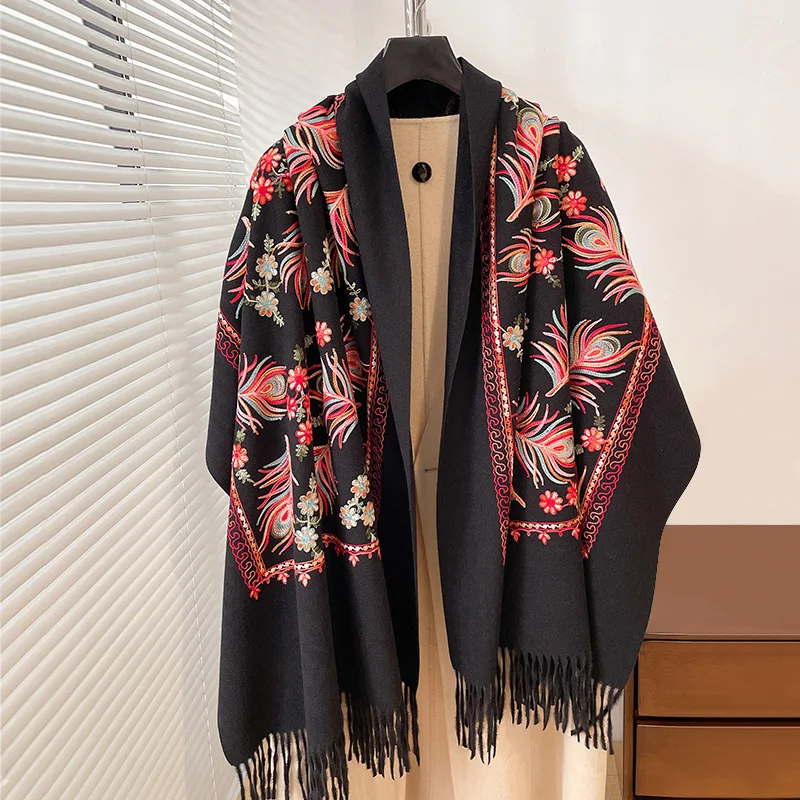 Роскошные зимние кашемировые шарфы 2024 с вышивкой высокого качества женская