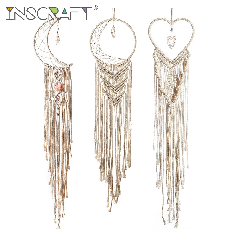

Bohemia Woven Cotton Moon Dream Catcher with Natural Crystal Pendant Handmade Macrame Wall Hanging Tapestry for Bedroom Decor
