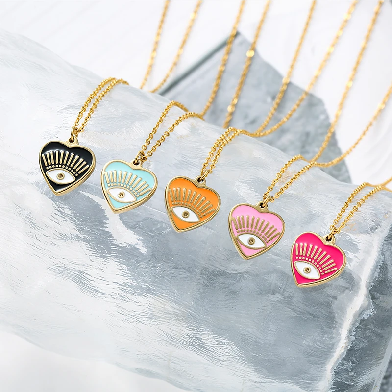

Classical Oil Drip Heart Eye Necklace For Women Punk Golden 14K Plated Stainless Steel Enamel Heart Necklace Party Jewelry Gifts