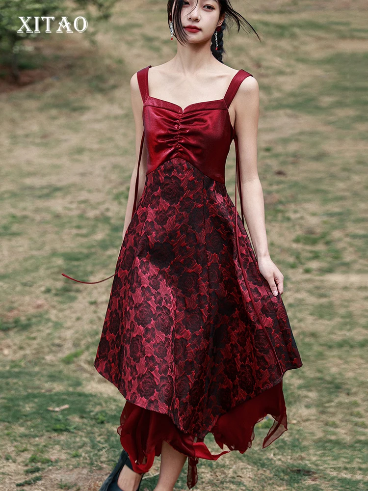 

XITAO, винтажное платье-комбинация, асимметричное лоскутное Бандажное платье со складками и квадратным воротником, простое летнее Новое темпераментное женское платье DMJ1484