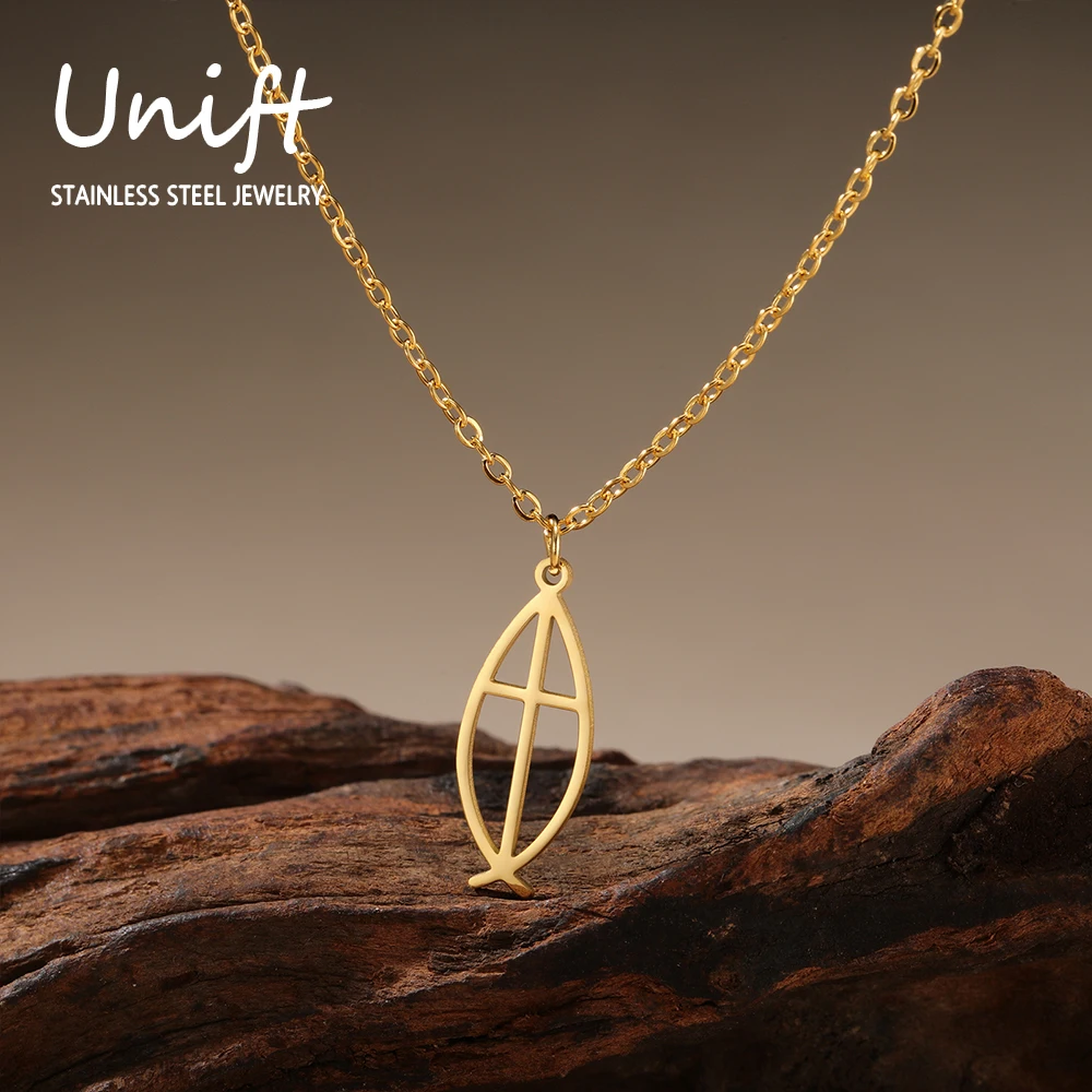 Unift Ожерелье женское из нержавеющей стали с крестом Иисуса и рыбками Крест в