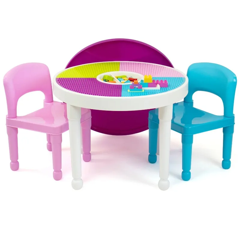 

Humble Crew Kids 2-in-1 Plastic Activity Table and 2 Chairs Set, Round, White, Blue & Pink