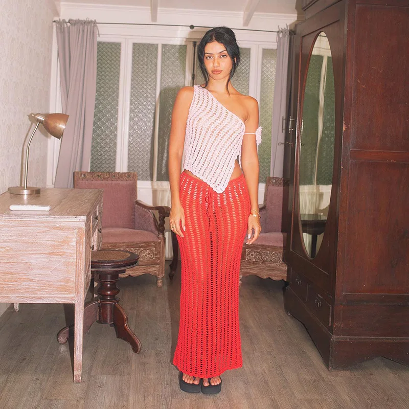 

Knitted Sleeveless Top Skirt 2 Piece Set Backless Lace Up Crop Tops Long Skirt Suit Summer Lady Cover Up Vestidos