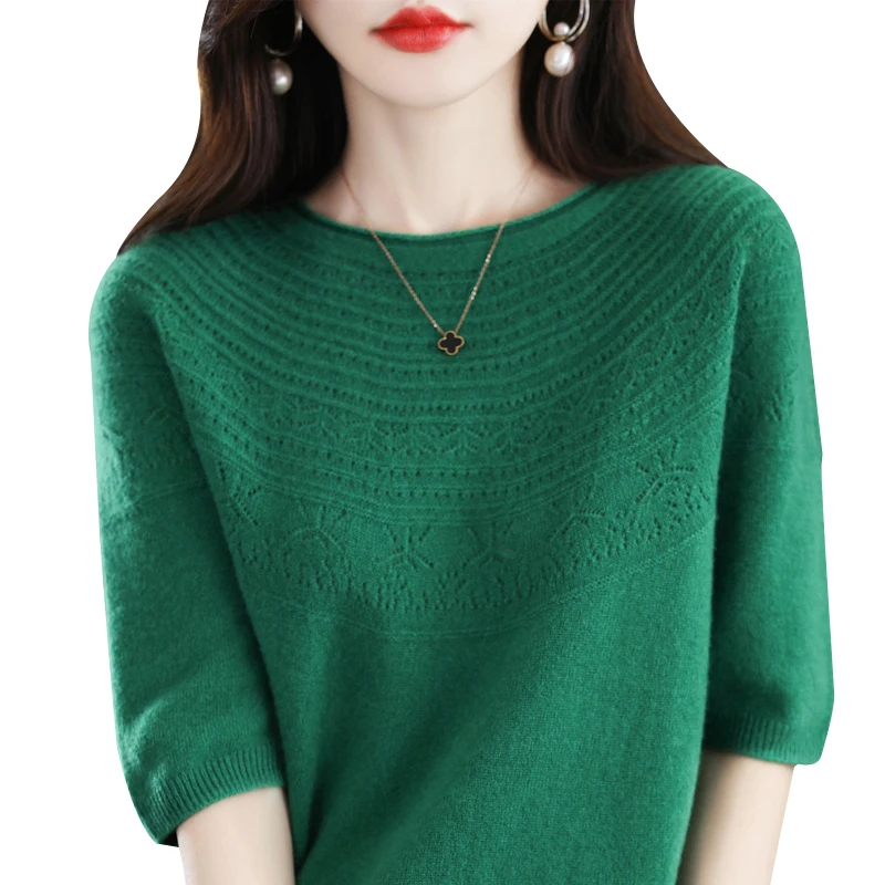 

Lafarvie 100% Merino Wool Sweater Women's O-Neck Pullover Loose Knit Bottoming Shirt Autumn Winter Half Sleeves Threaded