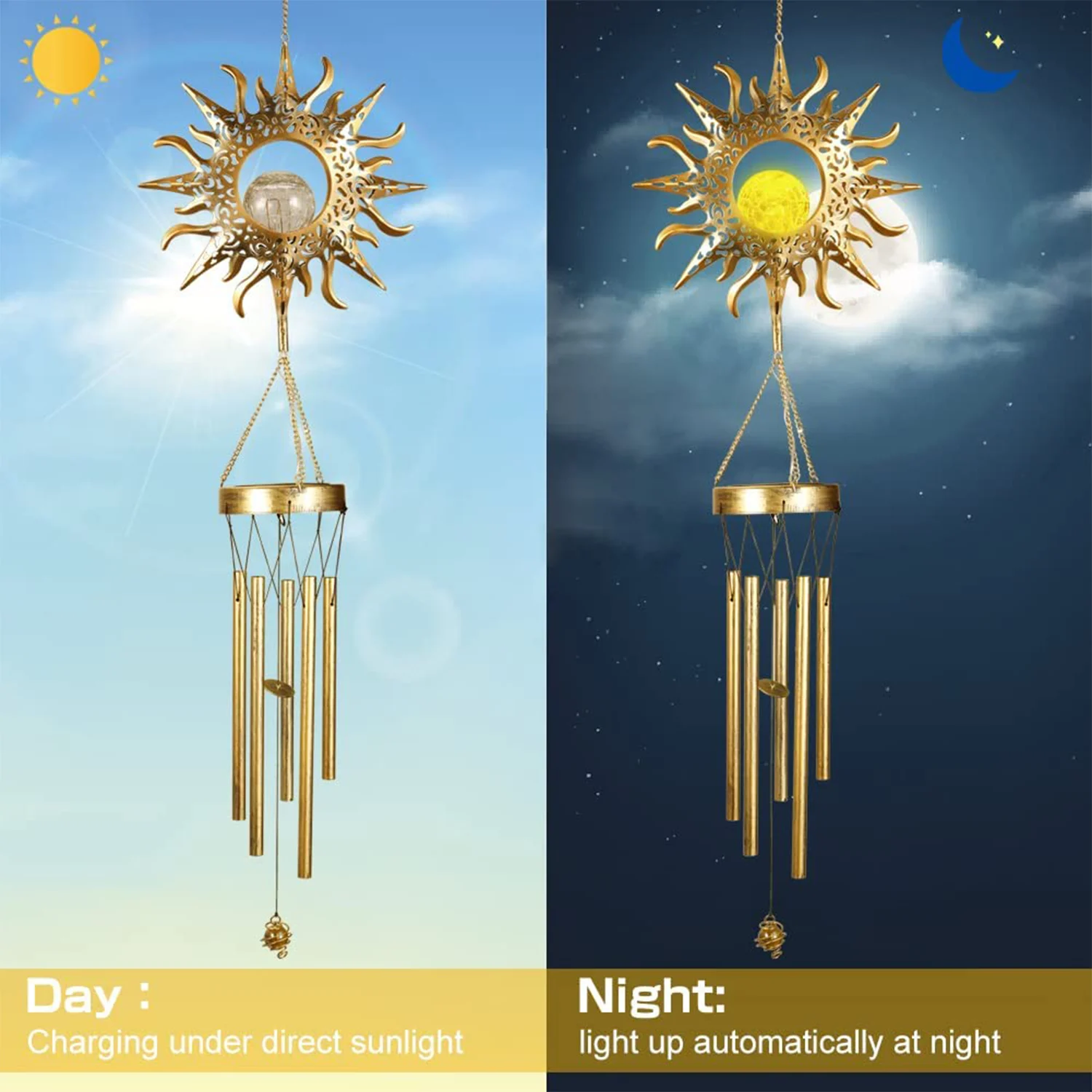 

Wind Chimes Solar Lights Outdoor Waterproof Hanging Aeolian bells Solar Lamp With Moon Star Sun Shape For Party Garden Festival