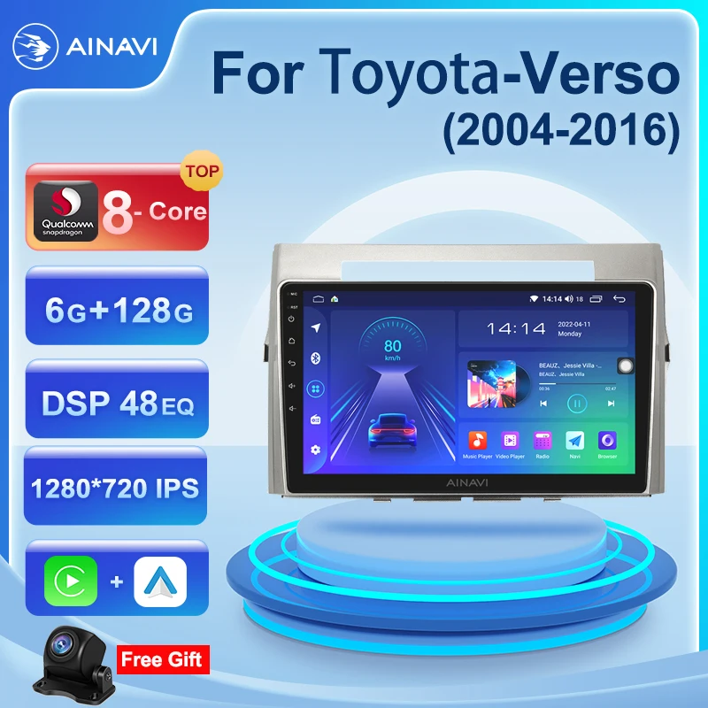 

Ainavi Car radio For Toyota Corolla Verso 2004-2016 multimedia player Android 10 Auto radio wireless Carplay DSP 48EQ GPS 2din