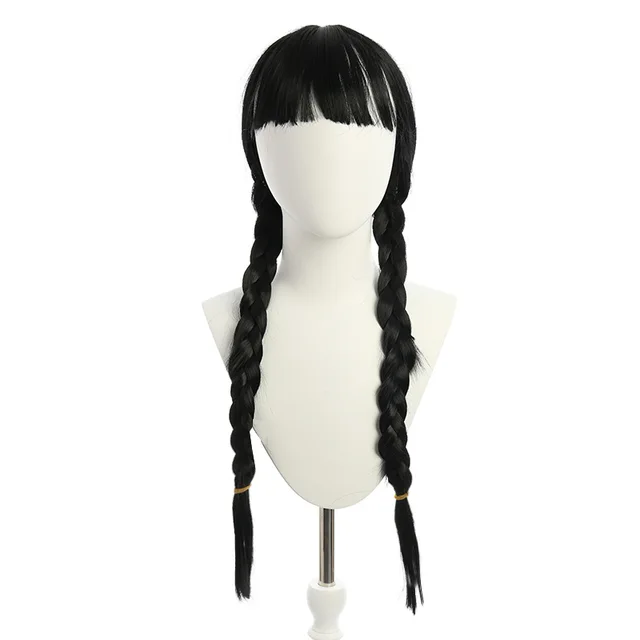 Wednesday Cosplay Accessories Wig Long Black Braids Hair Heat Resistant Synthetic Wigs with Bangs for Halloween Party 2