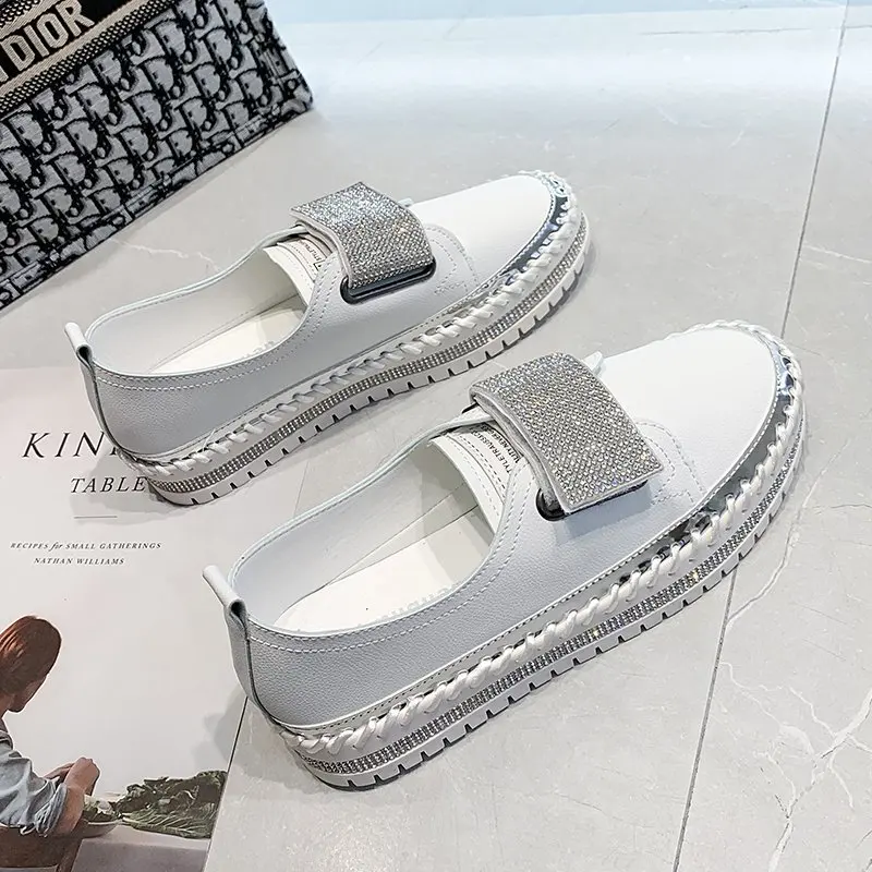 Luxurywoman Crystals Round Toe Flats Loafers Women 3cm Chunky Sole Platform Casual Female Shoes Big Szie 43