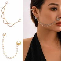 simple temperament imitation pearl tassel piercing free oose ornament iron chain nose stud nose ring women jewelry gift