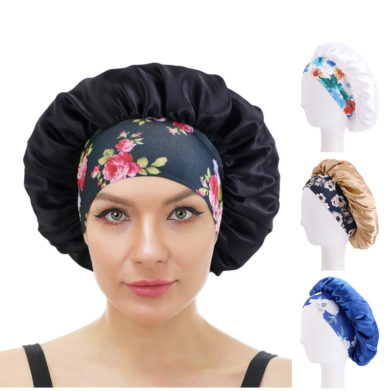 

Printed Hairband Satin Home Hair Care Cap Stretch Wide Brim Solid Color Night Cap Shower Cap Bandana Cap