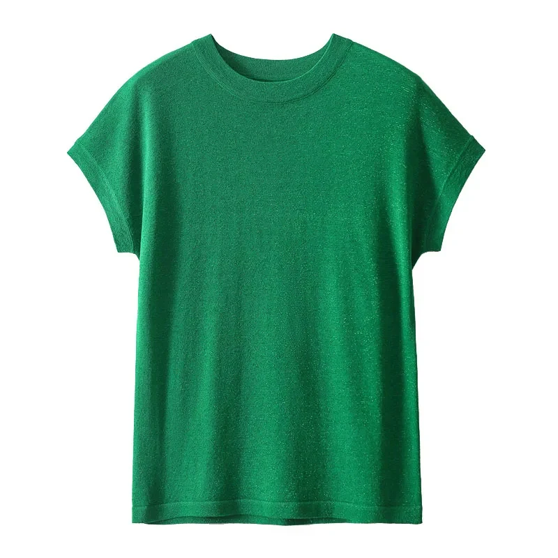 Женский трикотажный пуловер с коротким рукавом круглым вырезом