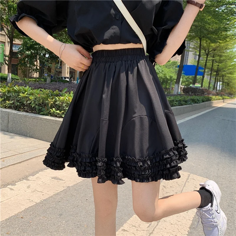 

Casual Ball Gown Elegant High Elastic Waist A-line Mini Fairy Summer Loose Students Ruffle Sweet Korean Pleated Women Skirts