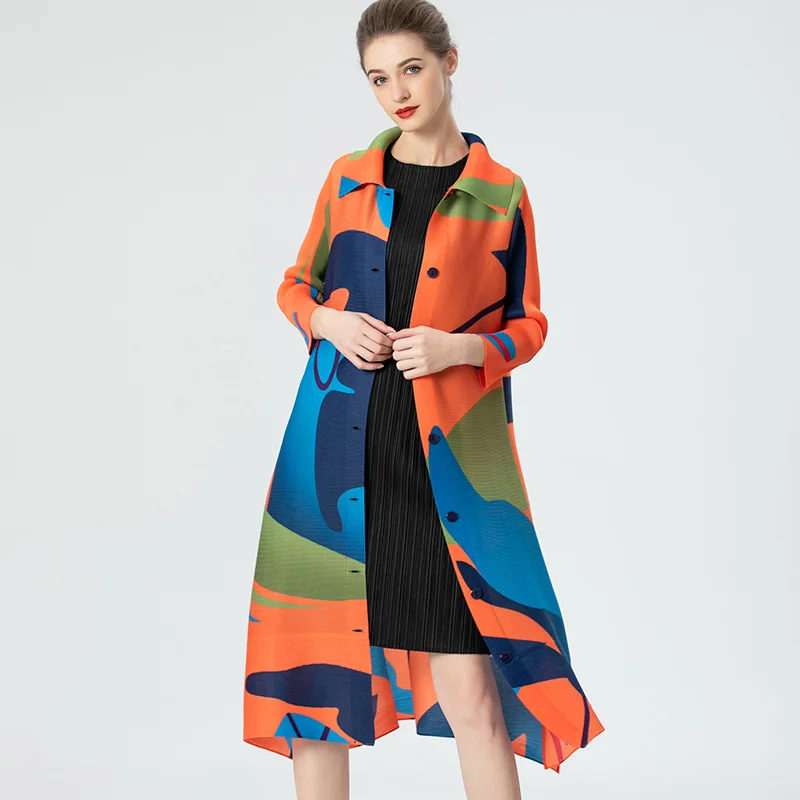 2022 spring women's colorblock single-breasted trench coat Miyak folds Fashion Loose Plus Size Print Lapel Long Sleeve Dress