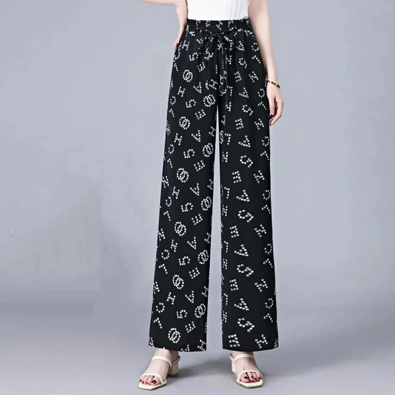Брюки женские с принтом элегантные мешковатые Широкие штаны эластичным поясом