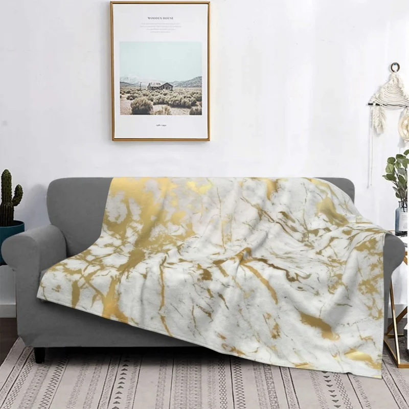 

Gold Marble On White Flannel Blanket Modern Graphic Funny Throw Blankets for Home Hotel Sofa 200x150cm Bedspread