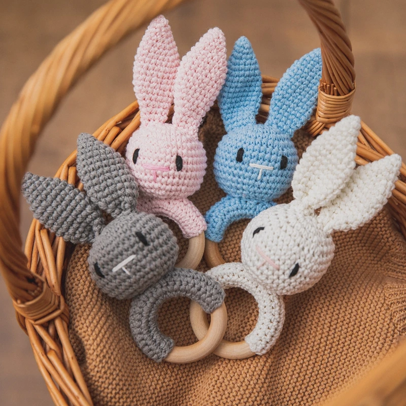 

Kids Teething Rings Elephant Bunny Wooden Rattle Baby Teether Montessori Animal Crochet Rattle Babies Gym Children's Toys