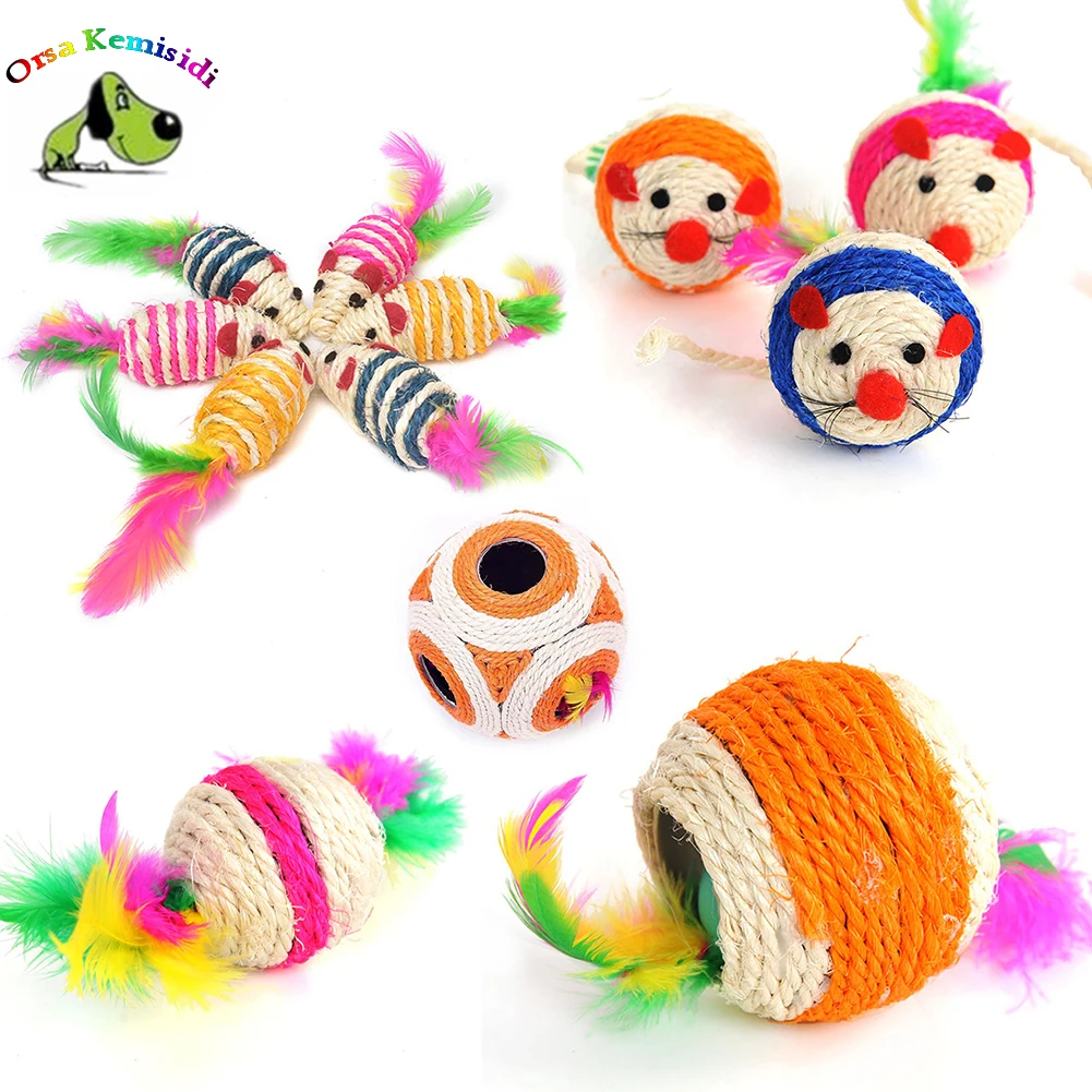 

Pet Sisal Rope Woven Ball Cat Chew Rattle Toy Kitten Interactive Scratching Toys Colorful Feather False Mouse Cat Training Balls