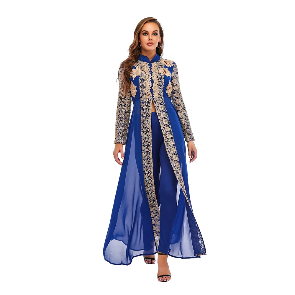 Chiffon Stand Neck Dress Lace Long Sleeve Robe and Pants Muslim Set Fashion Two Pieces Robes Islamic Clothing Muslimischen Sets