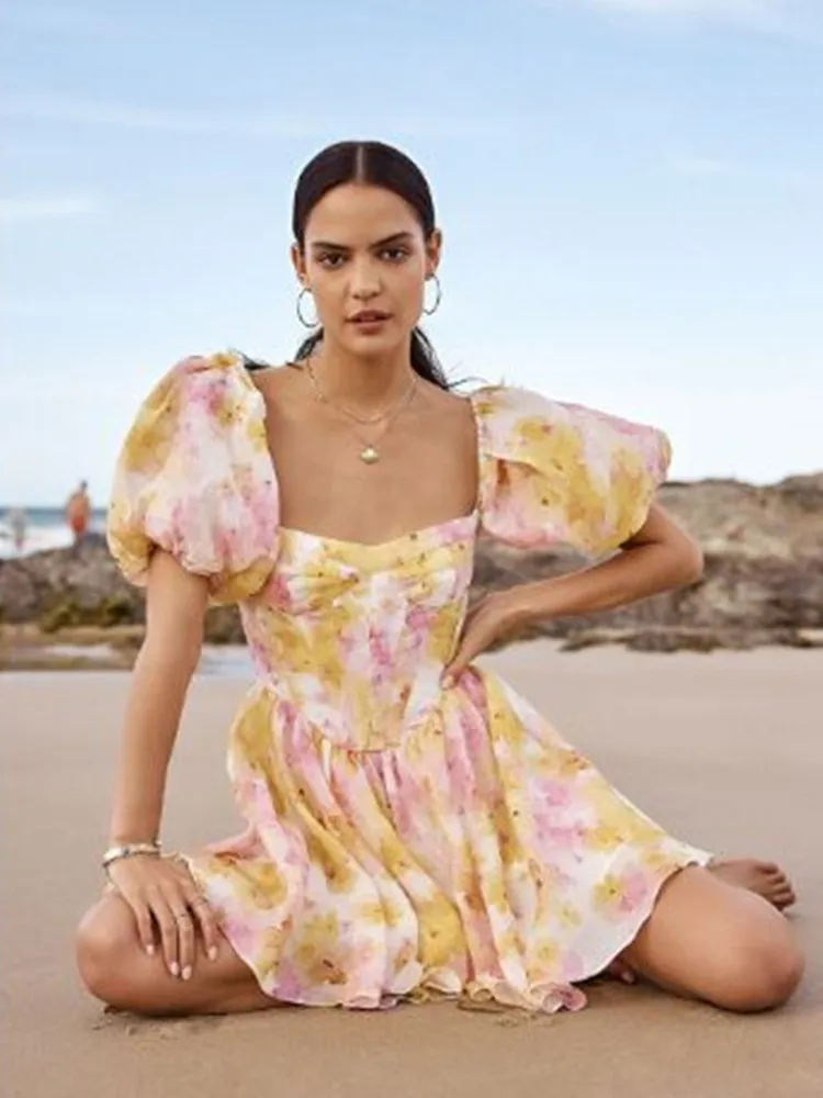 

PUWD Women Chiffon Dreamlike Print Sweet Princess Elegant Small Floral Orange Pleated Streetwears 2022 Summer Female Dress