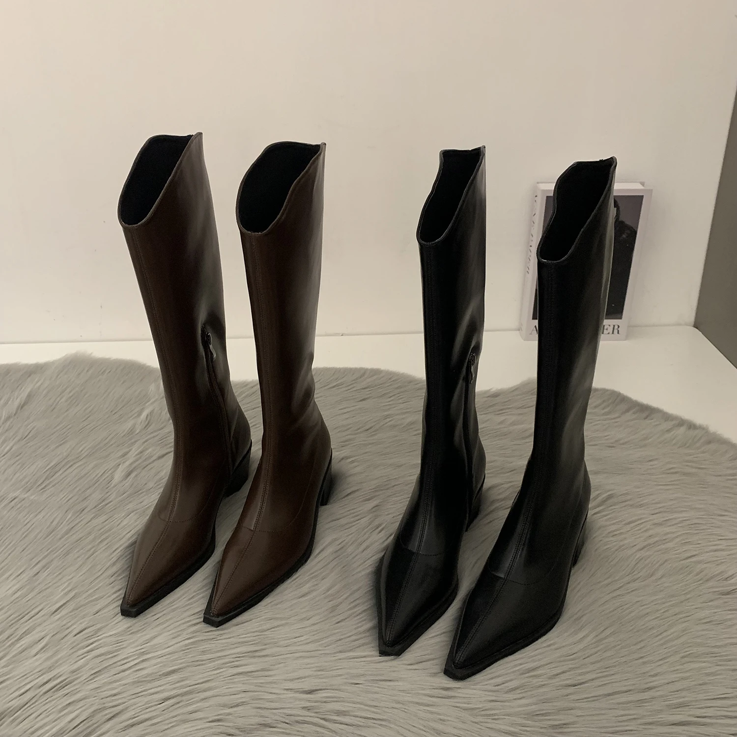 Long Boots New Solid Color Pointed Toe Chunky Heel Knee Boots Side Zipper Trendy Versatile Boots for Woman
