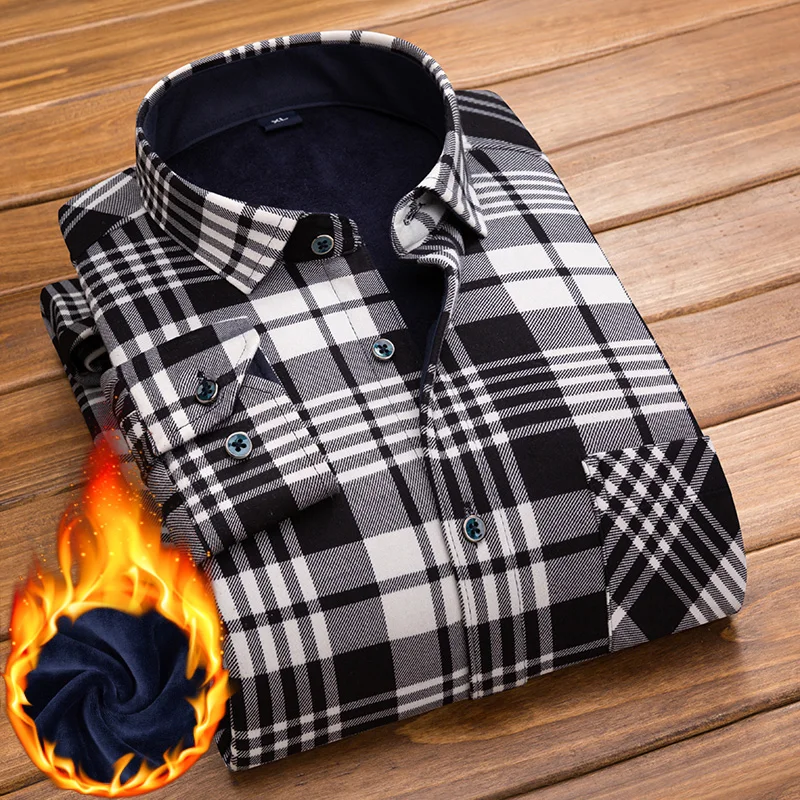 2023 Winter Mens Plus Velvet Thick Warm Shirt Business Classic Fashion All-Match Casual Check Shirt High-Quality Male Clothing