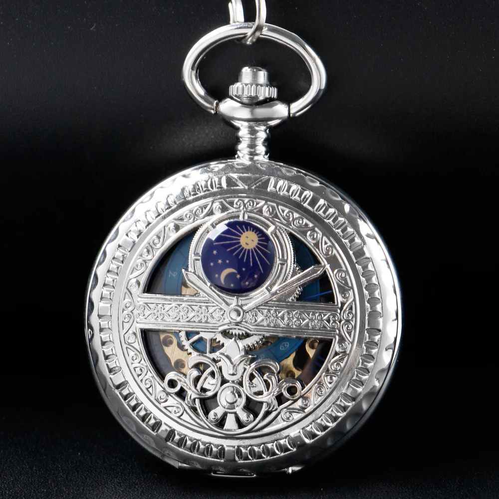 Silver Exquisite Moonlight Hollow Manual Mechanical Pocket Watch Men's Necklace Pendant Clock Vintage Gentleman Gift